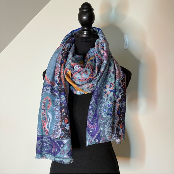 BURSA SILK ART Soft Silk Scarf Paisley Filagree Floral Raw Hem Edges Blue Purple - Picture 4 of 6